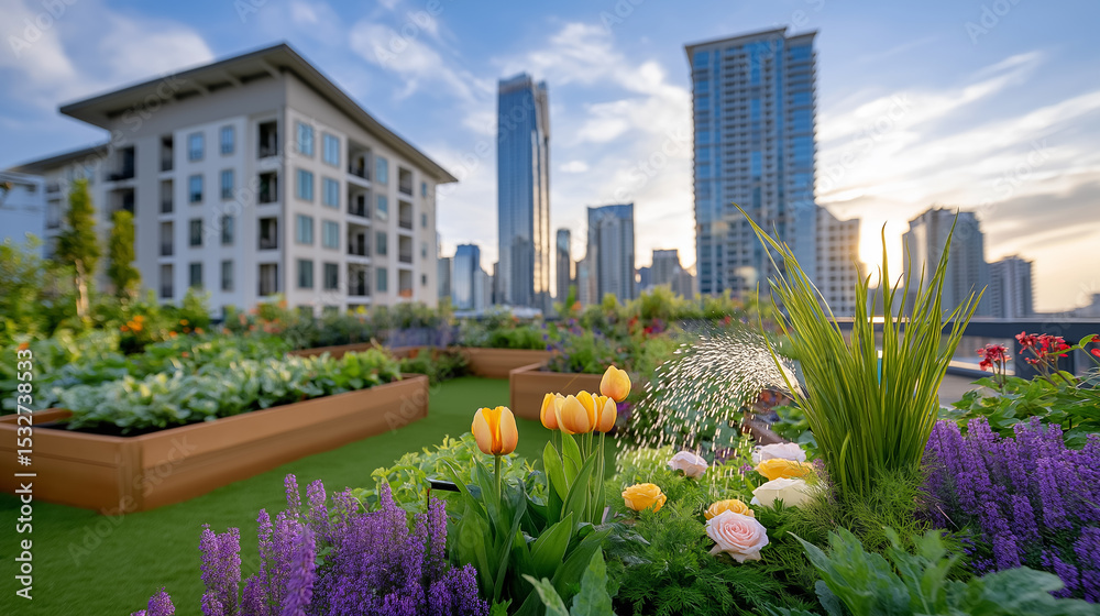 Fototapeta premium Woman watering colorful flowers and vegetables in urban rooftop garden. Skyscrapers create backdrop at late afternoon. Concept of urban agriculture, sustainability, city living