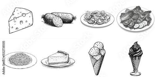 Assorted food illustrations including cheese, meat, and desserts  
