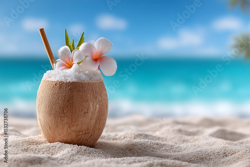 Fototapeta Naklejka Na Ścianę i Meble -  Coconut drink adorned with flowers rests in soft sand under bright sun. Serene beach setting with sparkling ocean waves in background. Concept of tropical vacation, beach resorts, summer beverages