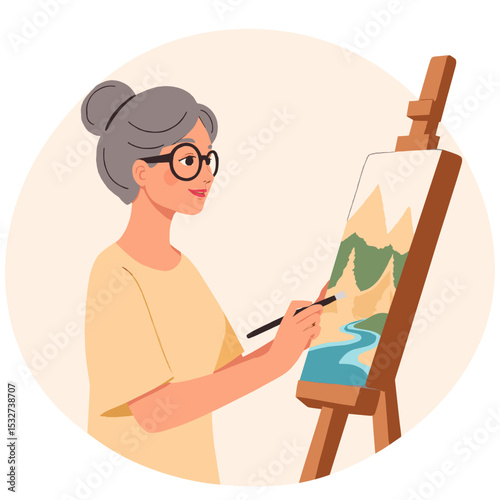 Artistic elderly woman enjoying painting hobby. Senior lady creating floral art on canvas. Creative retirement – painting and artistic expression. Elderly set