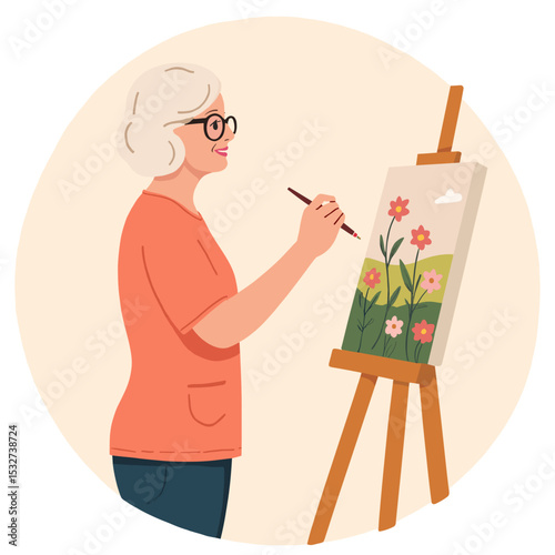 Artistic elderly woman enjoying painting hobby. Senior lady creating floral art on canvas. Creative retirement – painting and artistic expression. Elderly set
