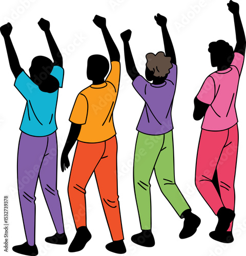 Celebrating Unity A vibrant illustration of diverse individuals raising their hands in joyful celebration