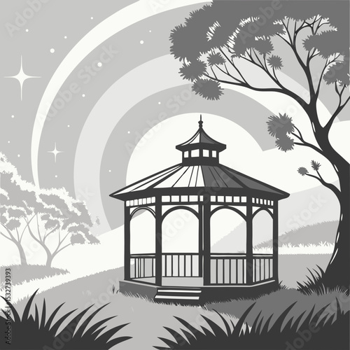 gazebo, spectral plains, prismatic reflections, grayscale, ethereal plain background, uplifting mood, structured frame.