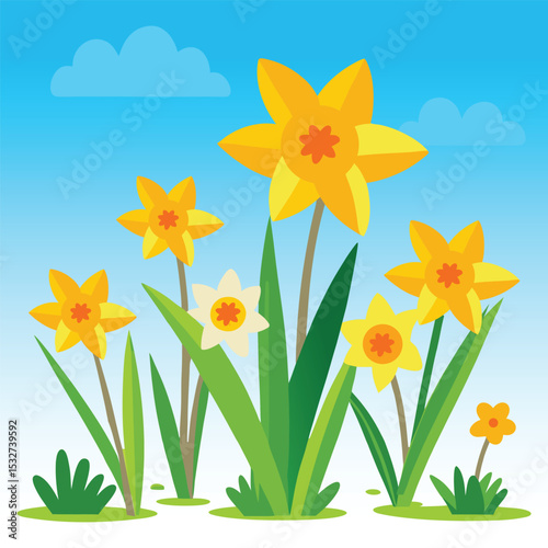 A spring scene daffodils flower under a clear blue sky
