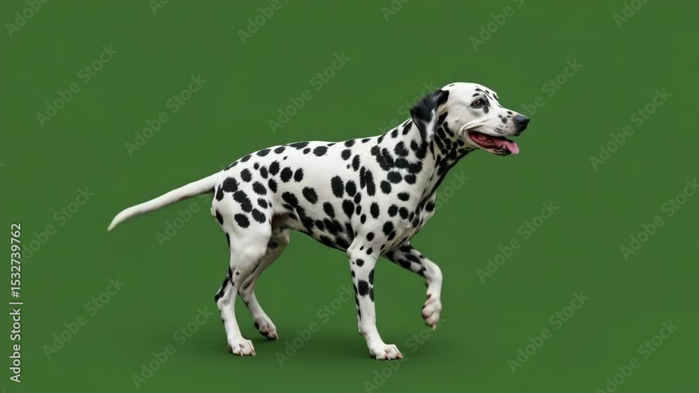 Dalmatian Dog Running on Green Screen - A Dalmatian dog with black and white spots is captured mid-stride against a solid green background. The dog is alert and appears to be moving energetically. Dalmatian Dog Running on Green Screen - A Dalmatian dog with black and white spots is captured mid-stride against a solid green background. The dog is alert and appears to be moving energetically.