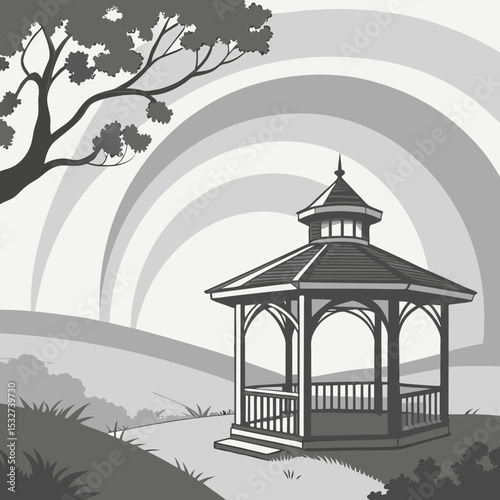 gazebo, spectral plains, prismatic reflections, grayscale, ethereal plain background, uplifting mood, structured frame.