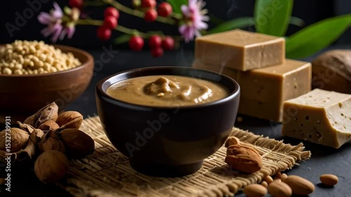 Wallpaper Mural Still life showcases creamy dipping sauce, chewy rice, and cubed tofu on dark background. Torontodigital.ca