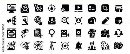 Black Glyph Icons Set Digital Marketing Social Media Video Content Creation