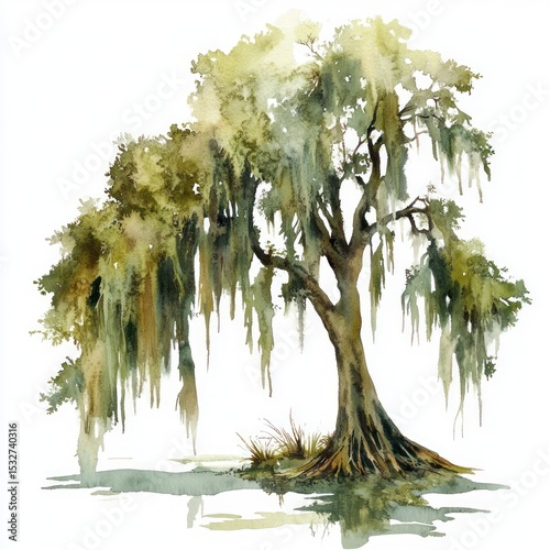 Watercolor depiction of a large, old tree draped with hanging moss, reflecting in water