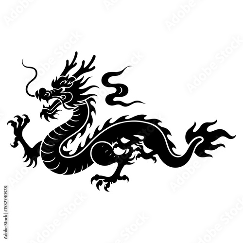 Black Chinese Dragon Silhouette, Vector Illustration, Decorative Design Element