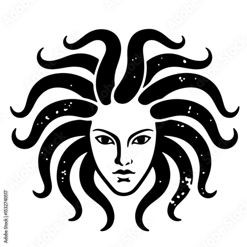 Black and white Medusa illustration, vector art, Grunge style