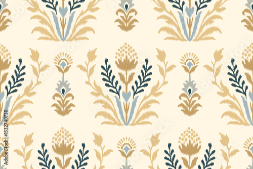 Ikat flower pattern, oriental traditional ikat design on beige background, vector illustration in Aztec style with abstract background, perfect for texture, fabric, clothing, and decoration.