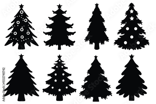 Collection of Christmas Tree Silhouettes with Decorations for Holiday Designs