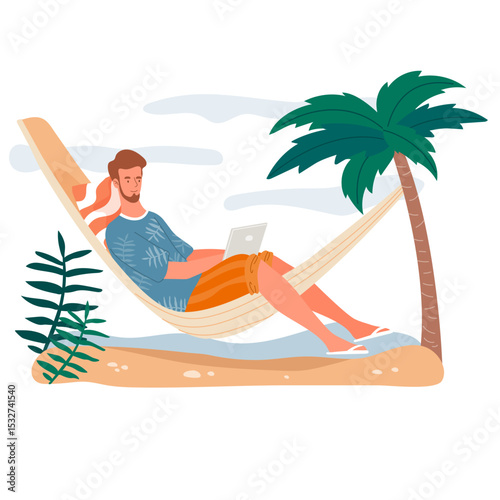Man working on a laptop while relaxing in a hammock on the beach vector