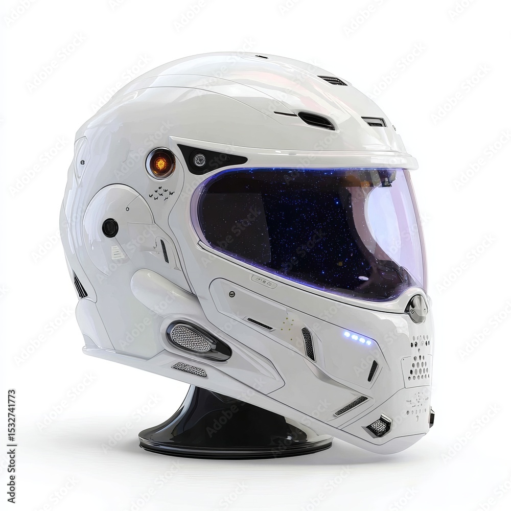 Fototapeta premium Futuristic white helmet with visor and glowing light