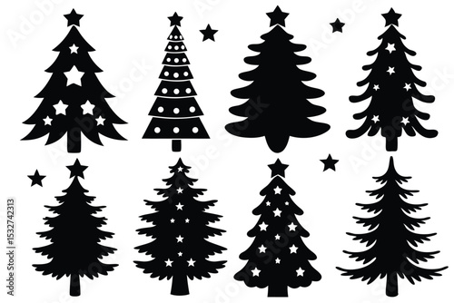 Collection of Christmas Tree Silhouettes with Stars for Holiday Designs