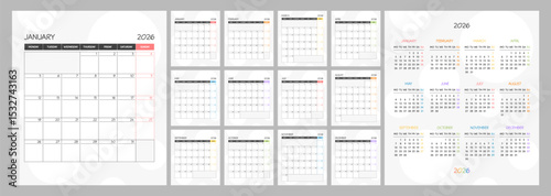 Monthly calendar rainbow square planner schedule for 2026 year. Week Starts on Monday