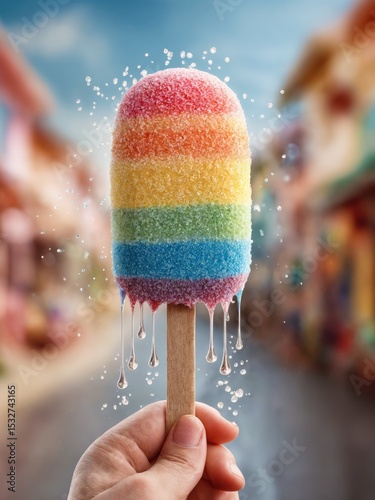 Melting Cone with Rainbow Swirls in Sunny Garden