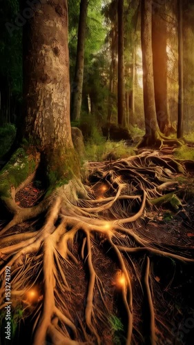 Sunlit forest floor with exposed roots and glowing lights amidst trees and green moss, fantasy woodland scene with bright golden light.