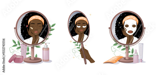 Set of African american woman doing skincare spa routine and reflecting in the mirror