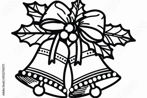 Festive Christmas Bells with Holly and Bow in Black and White