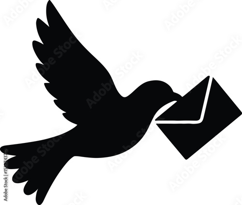 Silhouette dove carrying envelope icon black and white vector illustration