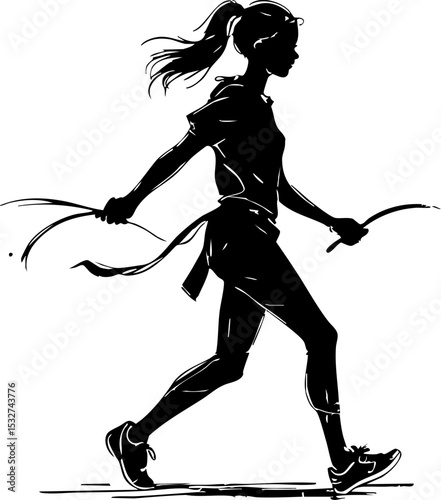 Skipping rope exercise young woman in motion urban setting graphic dynamic environment side view for fitness inspiration