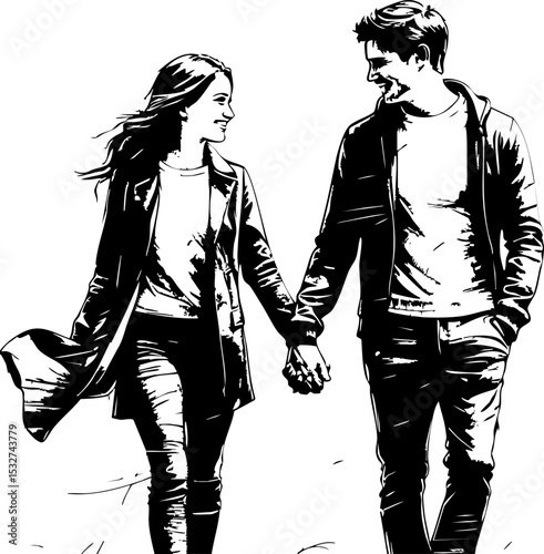 Couple walking hand in hand park black and white romantic atmosphere front view love and connection