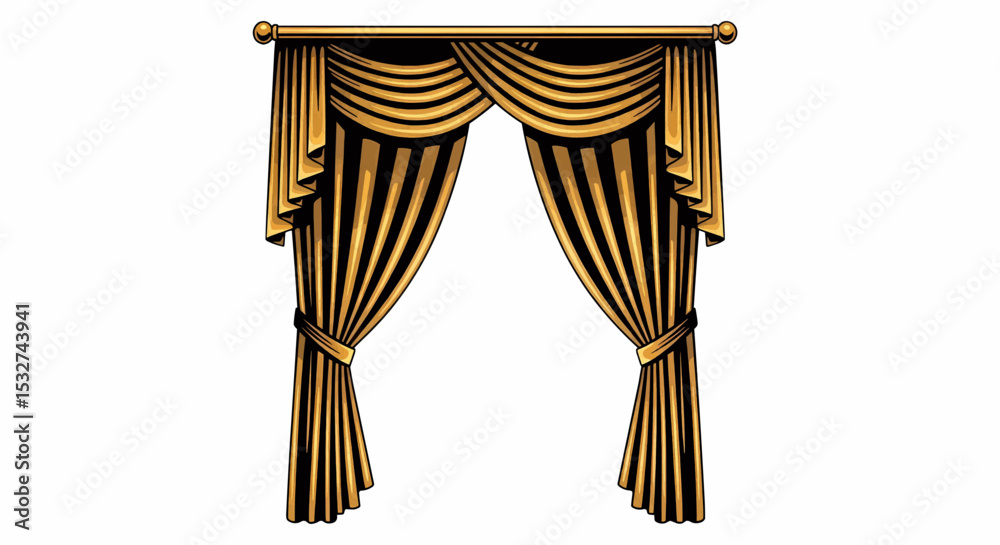This flat, high-contrast graphic features a solid black silhouette of long, shiny, golden-yellow curtains, draped open and tied back from a golden rod, all with fine details for vector use.