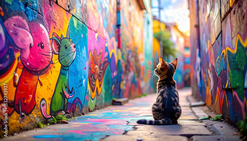 An AI generated image of a cute kitten looking at graffiti artwork of a mouse in an alley	

