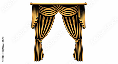 This flat, high-contrast graphic features a solid black silhouette of long, shiny, golden-yellow curtains, draped open and tied back from a golden rod, all with fine details for vector use.