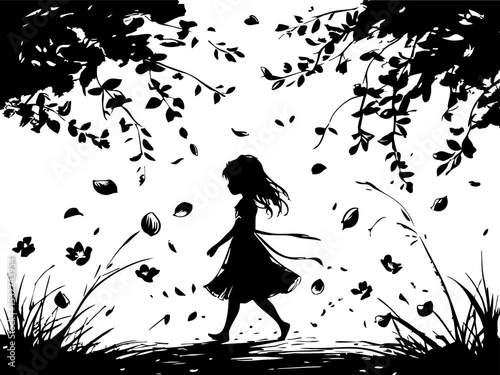 Whimsical girl walking through leafy path enchanted garden digital art serene atmosphere side view nature's beauty