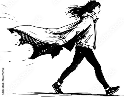 Dynamic urban adventure young heroine in motion city streets urban environment side view empowerment