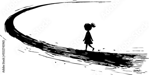 A young girl walking along a curved path whimsical illustrative style outdoor setting side view exploration of childhood imagination