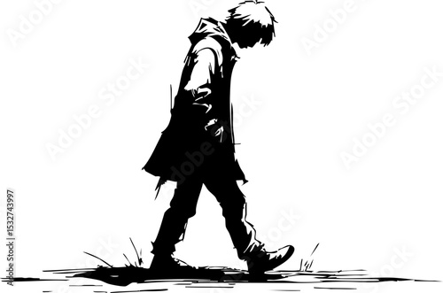 Lonely boy walking in solitude urban setting dark mood side view reflection on life