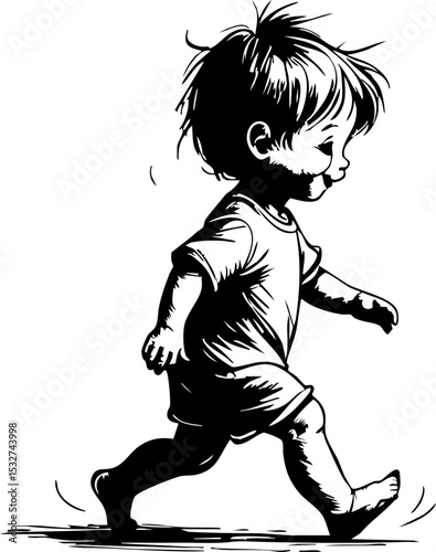 Child joyfully running outdoor playground black and white playful environment side view childhood innocence
