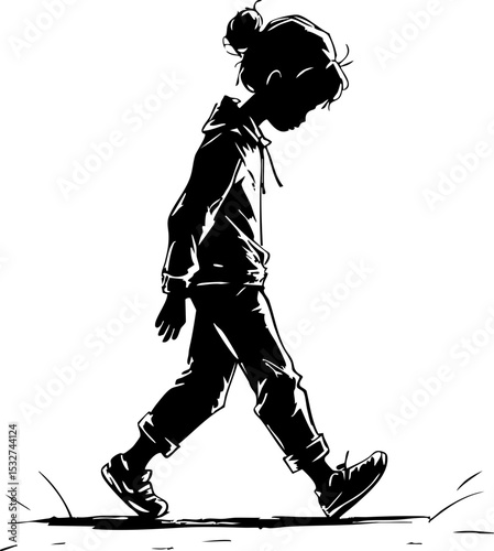 Walking child in urban environment black and white reflecting emotions and movement side view