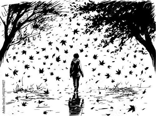 A reflective journey of a figure amid falling leaves serene forest path tranquil setting rear view solitude