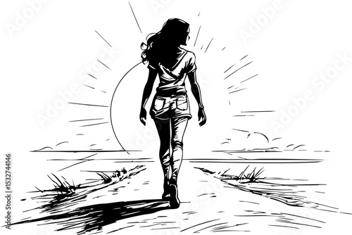 Woman walking towards sunrise on a coastal path inspirational artwork serene environment minimalistic viewpoint