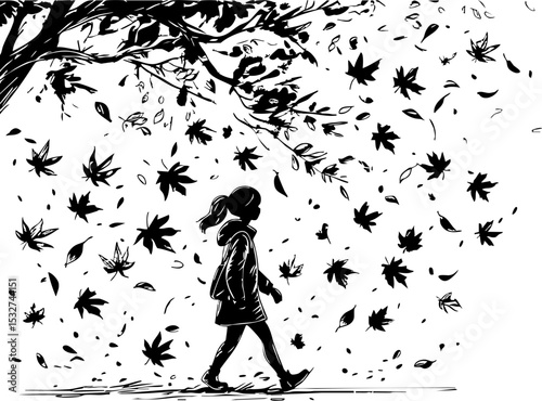 Walking through autumn leaves a girl's journey in nature artistic calm environment side view seasonal change