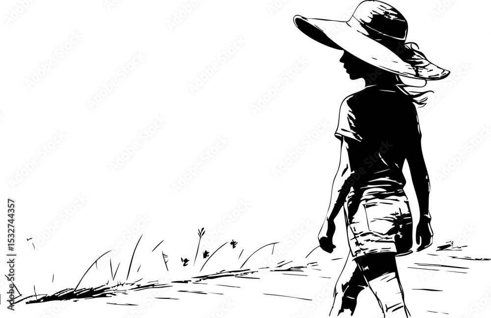 Naklejka premium Walking silhouette of a girl in a wide-brimmed hat serene nature scene black and white artistic perspective