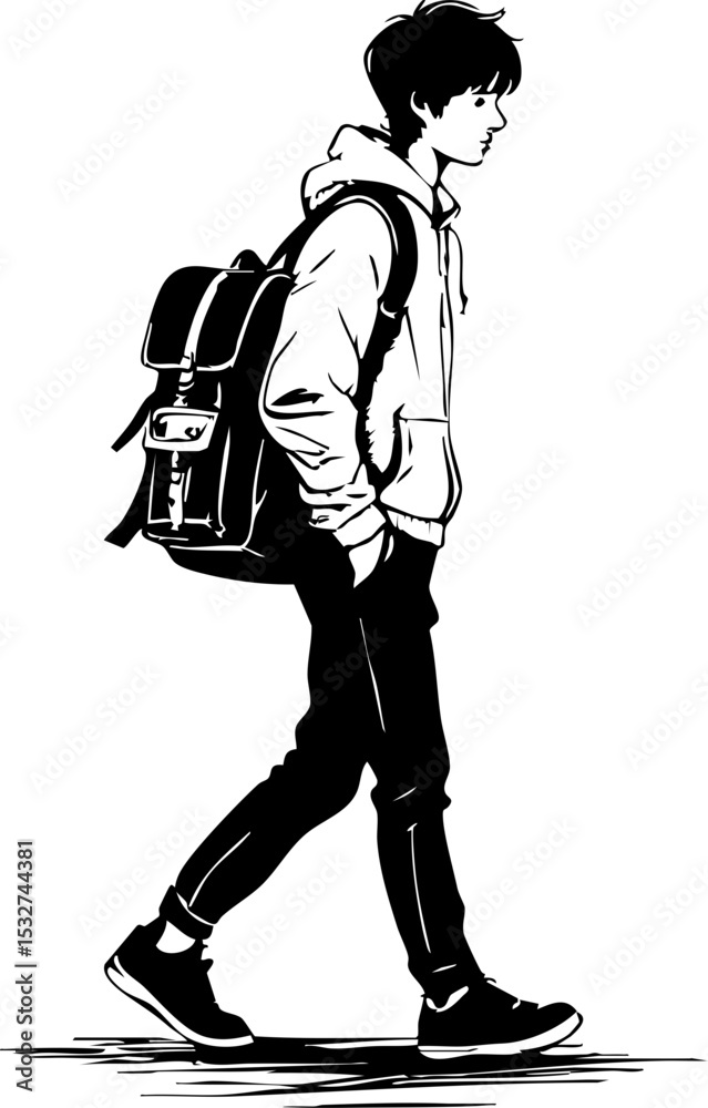 Fototapeta premium Young person walking with backpack urban setting black and white side view daily journey