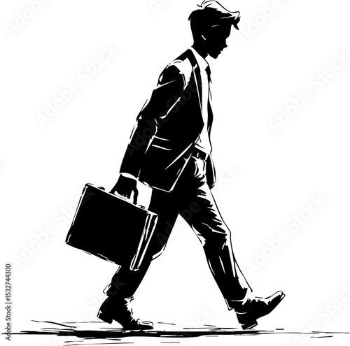 Business professional walking with briefcase in urban setting black and white graphic design focused on career progression