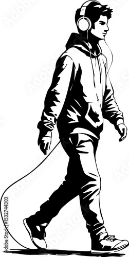 Walking young man with headphones urban setting dynamic lifestyle side view music and youth culture