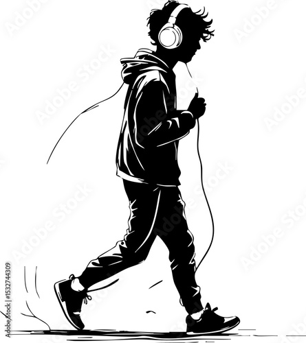 Walking youth with headphones in urban setting lifestyle image casual vibe street perspective music culture