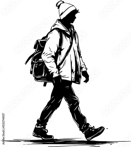 Urban explorer walking through city streets dynamic movement lifestyle portrait urban environment eye-level perspective adventure