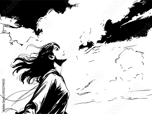 Woman embracing freedom open sky graphic art black and white low angle inspiration