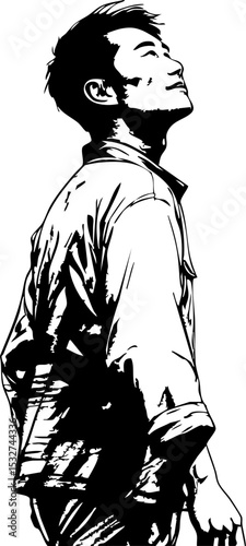 Inspirational figure gazing at the sky urban landscape black and white reflective mood side view hope and aspiration