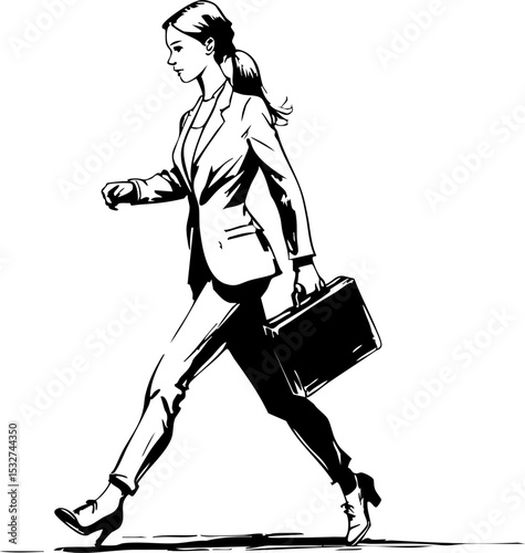 Businesswoman walking confidently with briefcase urban street professional environment side view empowerment