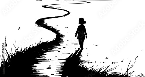 Child walking alone on winding path open field black and white minimalist style behind view journey of discovery